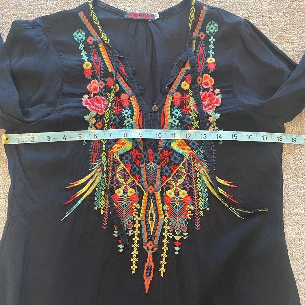Johnny Was Embroidered Black Women's Blouse, Buttoned V-Neck, Long Sleeve, S - Picture 6 of 16